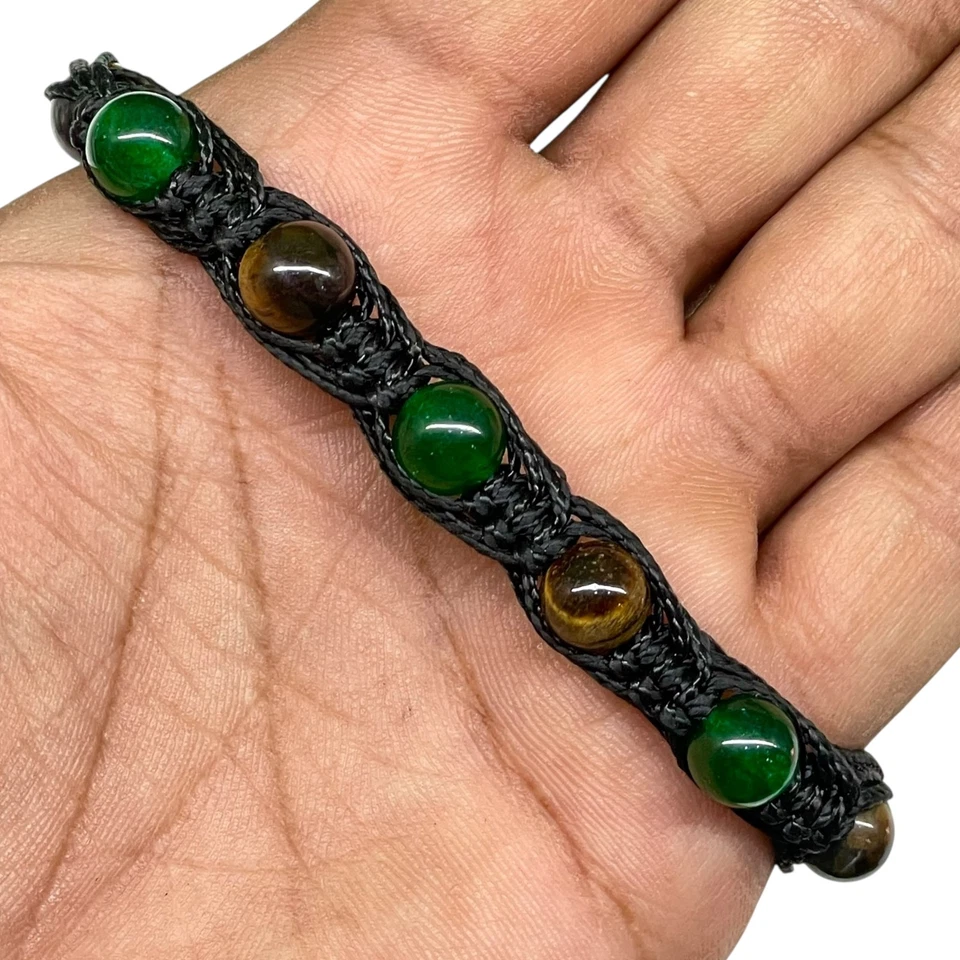 Handgemacht 8mm Onyx & Tigerauge Perlen Armband Verstellbar Schwarz Geflochten - Bild 1 von 4