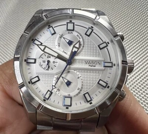 Mason Watch Collection White Face Navy Accents Chronograph Stainless Steel Band - Picture 1 of 8