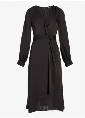 EXPRESS XS 缎面扭转前 Midi 黑色连衣裙气球长袖裹身式 — 第 1/4 张图片