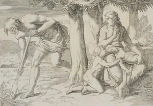 Nach JÄGER (*1808), Adam gräbt mit dem Hackstock, Rad. Romantik Religiös - Bild 1 von 4