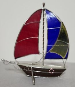 Stained Glass Boat with Sail in Vibrant Colors Home Office Accent Collectable