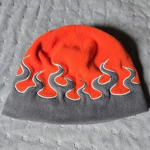 LL Bean Hat Cap Beanie Boys Small Gray Red Flame Logo Fleece Grunge Y2K Skater - Picture 1 of 4