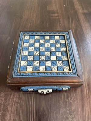 Vintage Mini Mayan Aztec Chess Set Blue & White 8x8 inches Not Complete READ - Image 1 of 4