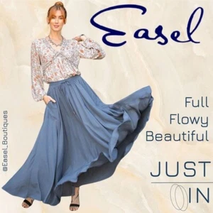 EASEL Silky Soft Flowy Maxi Skirt Smocked Waist & Drawstring, Pockets, Lux, Full - Picture 1 of 13