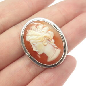 800 Silver Antique Art Deco Carved MOP Lady Cameo Pin Brooch Pendant