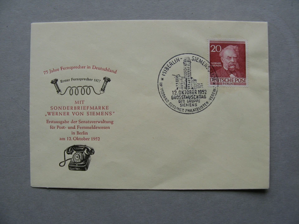 GERMANY BERLIN, cover FDC 1952, Werner von Siemens, 75th ann. telephone - Image 1 of 1