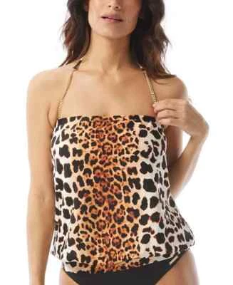 Vince Camuto X4903 Women's Chain-Halter Blouson Tankini Top, Brown Leopard, L - Image 1 of 4