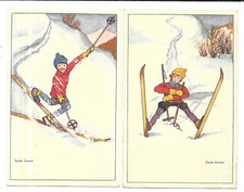 Two Cards - Edith Jonas - Artist Drawn Children Skiing