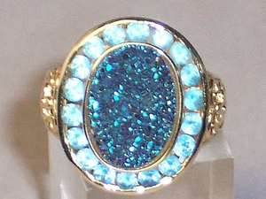 14K GELBGOLD FUNKELNDER BLAU LILA DRUZY DRUSY & 18 BLAUTOPAS RINGGRÖSSE 6,25 - Bild 1 von 4