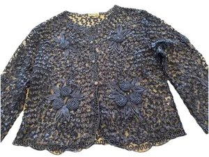 Vtg Jeannie Ribbon Cardigan Button Front Sheer Blue 4XL Stunning Jacket Sp Occas - Picture 1 of 21