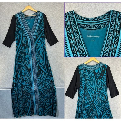 Maxi Vestido Tribal Soft Surroundings Azul Turquesa Negro Serengeti Para Mujer XL Foto 1 de 4