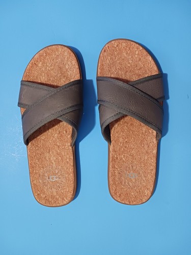 Sandali UGG SEA SLIDE UOMO TAGLIA 7 donna taglia 8W PELLE GRIGIO OLIVA + sughero