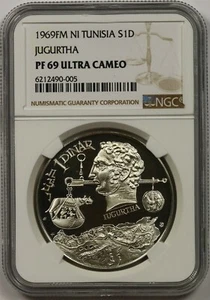 1969FM NI Tunisia Jugurtha Silver Dinar NGC PF 69 Ultra Cameo  - Picture 1 of 4
