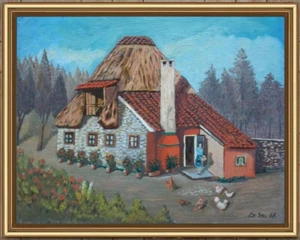 ARTE NAIF BOSCO VECCHIO CASOLARE GALLINE olio tavola ENRICO COPETTA COEN BRESCIA - Foto 1 di 2