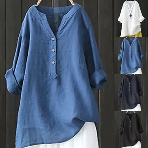 Plus Size Womens Summer Casual Loose Shirt Ladies Cotton Linen Tops Baggy Blouse - Picture 1 of 23