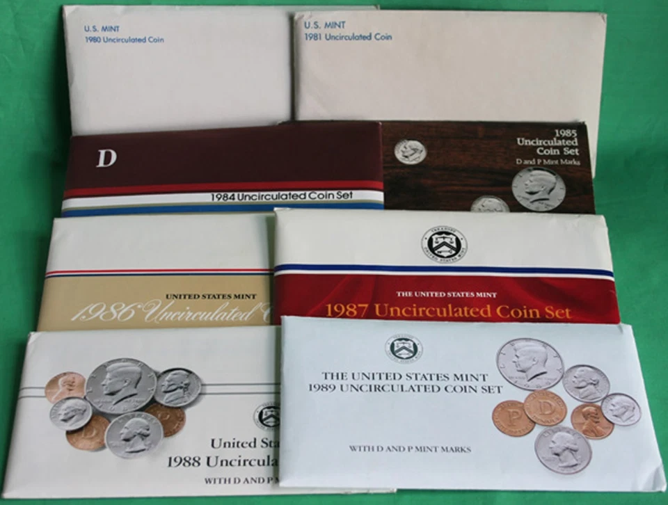 Decade 1980 - 1989 Annual US Mint Uncirculated P D Lot of 8 Sets with 86 Coins - Image 1 of 4
