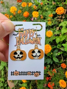 Happy Halloween Kürbis Jack-O-Lantern Ohrhänger | Gold Haken Spooky Herbst J - Bild 1 von 4