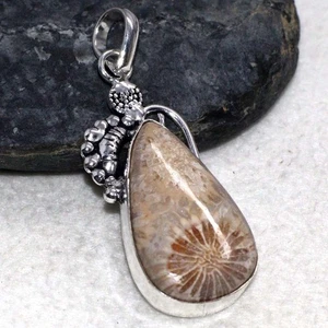 Fossil Koralle 925 Silber vergoldet Edelstein Anhänger 1,8" bestes Geschenk für Frauen GW - Bild 1 von 3