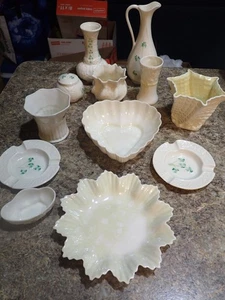 Vintage Irish Belleek porcelain Lot of 11 pcs vases ashtray bowls various sizes - Picture 1 of 14