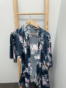 Bras N Things Satin Robe Silky Floral Size L 14 Navy Blue Pink Flower - Picture 1 of 3