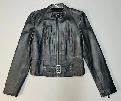 "Chaqueta de cuero para motocicleta Rocawear talla M pecho 34"" gris metal hebillas con cremallera usada en excelente estado" Foto 1 de 4