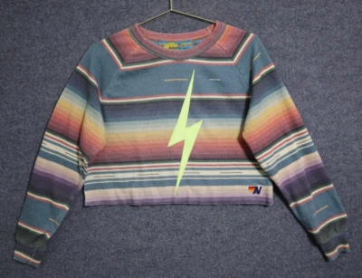 Suéter Aviator Nation Mujer Mediano Multi Serape Rayas Perno Dobladillo Crudo Corto Crew Foto 1 de 4