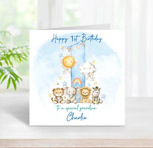 1st Birthday Jungle Animals Card Cute Personalised Blue Boy Age 1 Custom (C182) - Picture 1 of 2