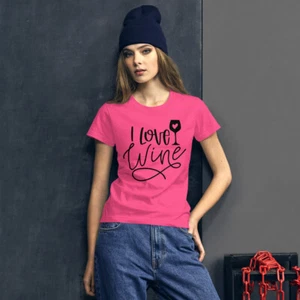 Women's Fashion Fit T-Shirt - I Love Wine - Picture 1 of 9