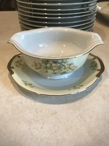 Vtg. JAPAN Celebrate China  Gold Trim Yellow Flowers Gravy Boat Attached Plate - Picture 1 of 8