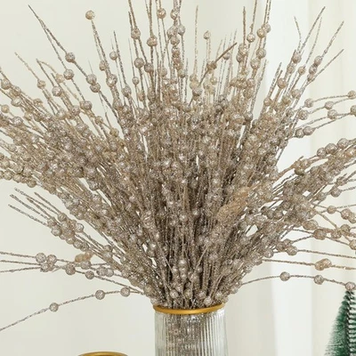 Vástago de acebo brillo artificial de Navidad, 12 piezas falso champán de Navidad dorado B... Foto 1 de 4