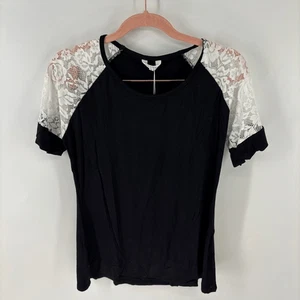 Meaneor Damen schwarz Spitze Raglan Kurzarm Freizeit T-Shirt Größe Small Neu mit Etikett - Bild 1 von 5