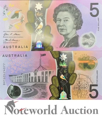 AUSTRALIA 5 Dollars 2016 P 62 Polymer Queen Elizabeth ll UNC - Image 1 of 3