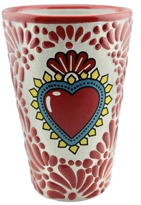 Vintage mexikanische Talavera Keramik Zylinder Vase rotes Herz & rote erhabene Blätter - Bild 1 von 5
