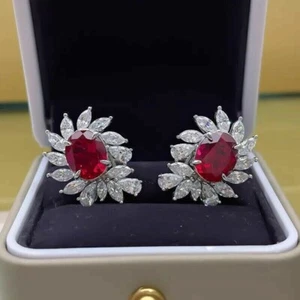 4.50Ct Oval Lab Created Red Ruby and Cz Halo Stud Earrings 14K White Gold Plated - Picture 1 of 8