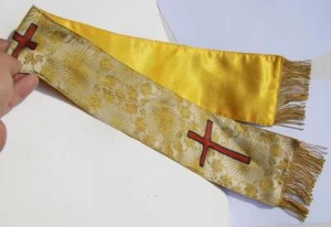Antique Catholic Priests Maniple Gold Altar Vestment Stole Silk Embroidery Cross - Picture 1 of 4