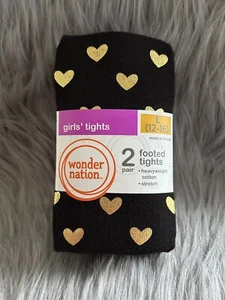 Wonder Nation Footed Tights Girls Size Large 2 Pack Black And Black Gold Hearts - Picture 1 of 3