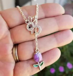 Crystal Bunny Lariat Necklace, Tulip Necklace, Bunny Necklace, Easter Necklace - Picture 1 of 6