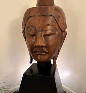 Buddha Head Hand Carved Wood Statue (Large 67” tall with stand) - Picture 1 of 5