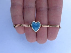 1900 14K Gold Blue White Enamel Guilloche Heart Photo Locket Childs Bracelet ❤️ - Picture 1 of 6