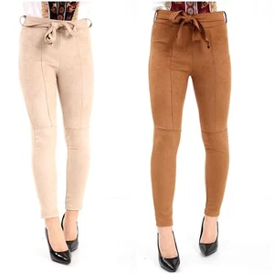 Womens Faux Suede Skinny Trousers Ladies Belt Detail Skinny & Slim Pant - Picture 1 of 7