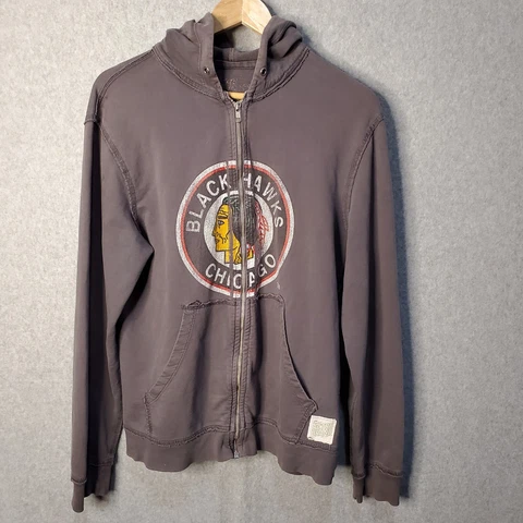 Chicago Blackhawks Retro Brand Gray Full Zip Mens Size Medium Hoodie Sweatshirt Cover