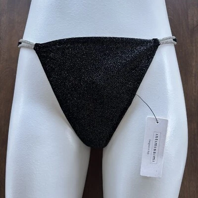 Intimissimi Double Strap Faux Jewel Side Thong Panty OS Black/Sliver Velour Feel - Image 1 of 4