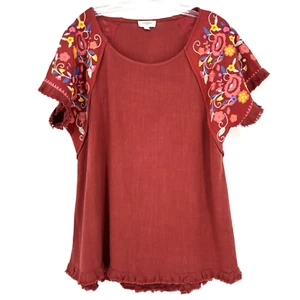 Túnica Umgee Lino Bordada Multicolor Flecos Grandes Grunge Scoop Colorida - Imagen 1 de 6