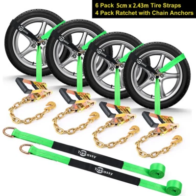 TREKASSY 6 Pack Car Tie Down Straps with Chain Anchors Ratchet Tie Down Car Trailer Haule
