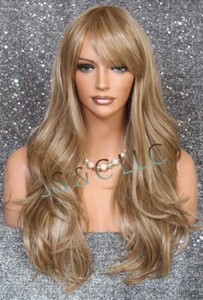 Peluca completa mezcla de cabello humano calor OK bangs largos ondulados en capas mezcla rubia WBKT 14/22 - Imagen 1 de 6