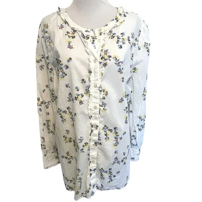 Talbots Pleated Trim Floral Shirt Womens XL Ivory Long Sleeve Ruffle Neck Cotton - Image 1 of 4