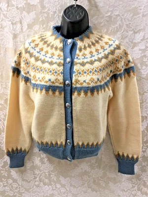 Cardigan small Wool Button-up Sweater blue gold classic USA moc collar swedish - Image 1 of 4