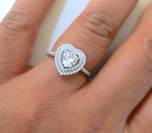 New Boxed 925 Silver Ladies Heart Double Halo Engagement Bridal Ring - Picture 1 of 2