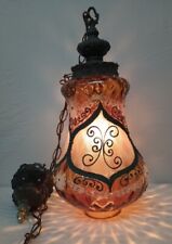 VTG Mid Century Hanging Lamp Amber Ornate Swag Light Original Hollywood 4 Repair