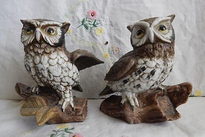 HOMCO OWLS FIGURINES #1114 ON A BRANCH AND ONE ON  A LOG - Picture 1 of 6